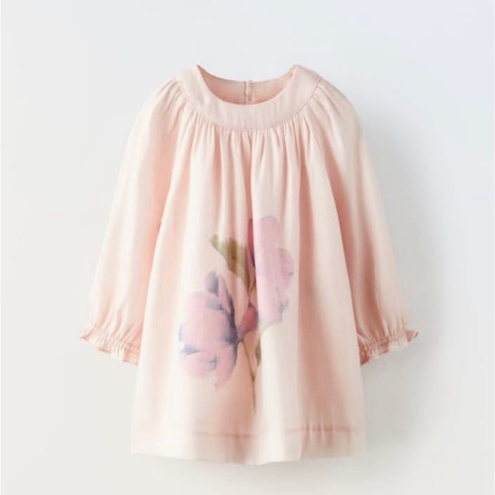Zara Pink A-line Dress with Bishop Sleeves and Ruffles